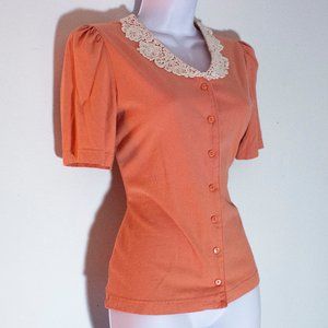 2/$20 Lace Button up shirt - Coral - Soft 70s Vintage Victorian - Laura Ashley